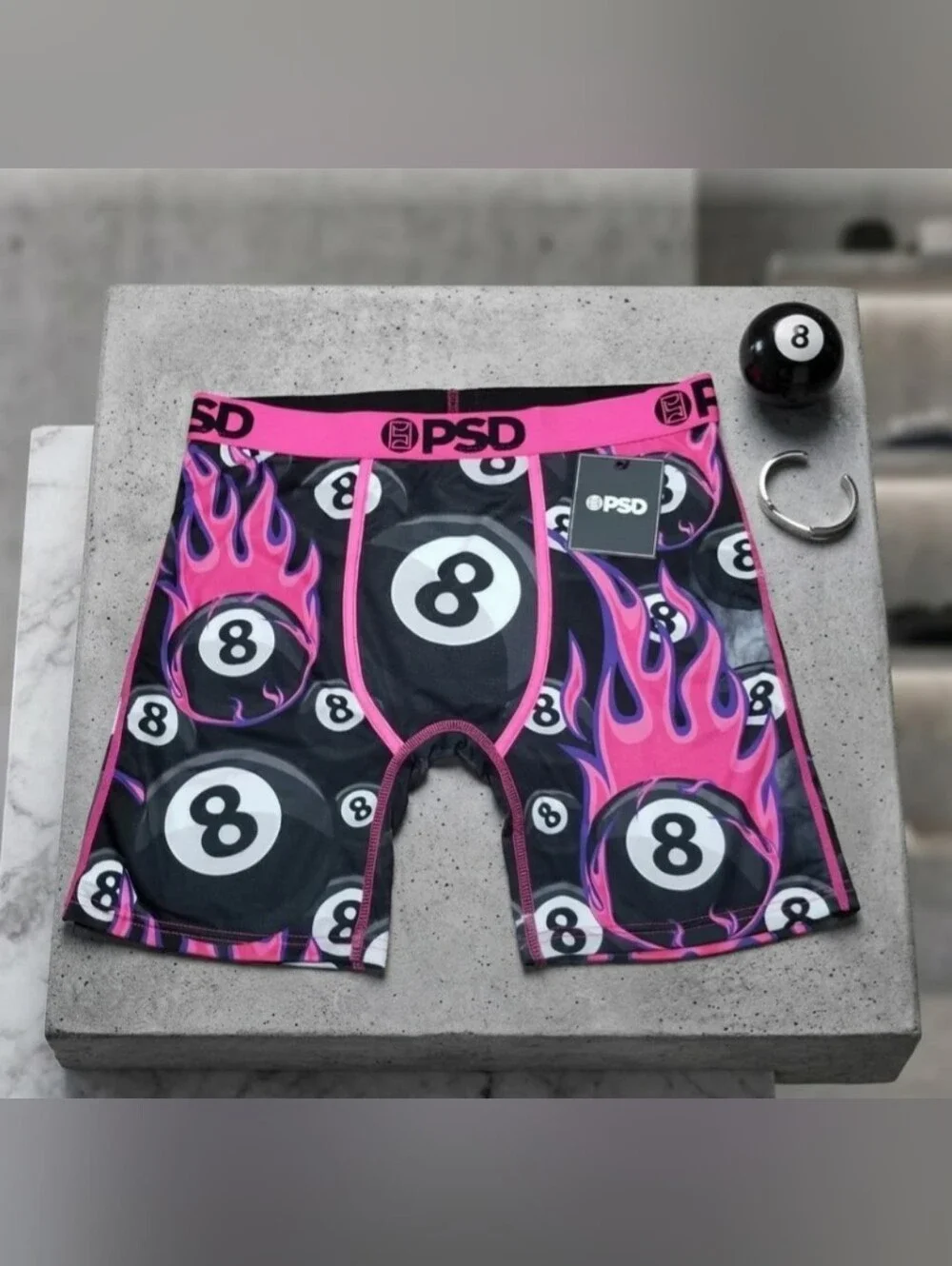 NEW! PSD Men’s Pink & Black 8-Ball Flame Boxer Briefs sz Large NWT